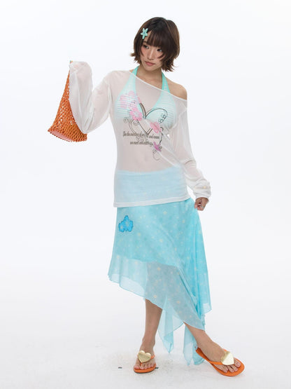 BETWEENAND Pink Wave Floral Asymmetric Printed Women&