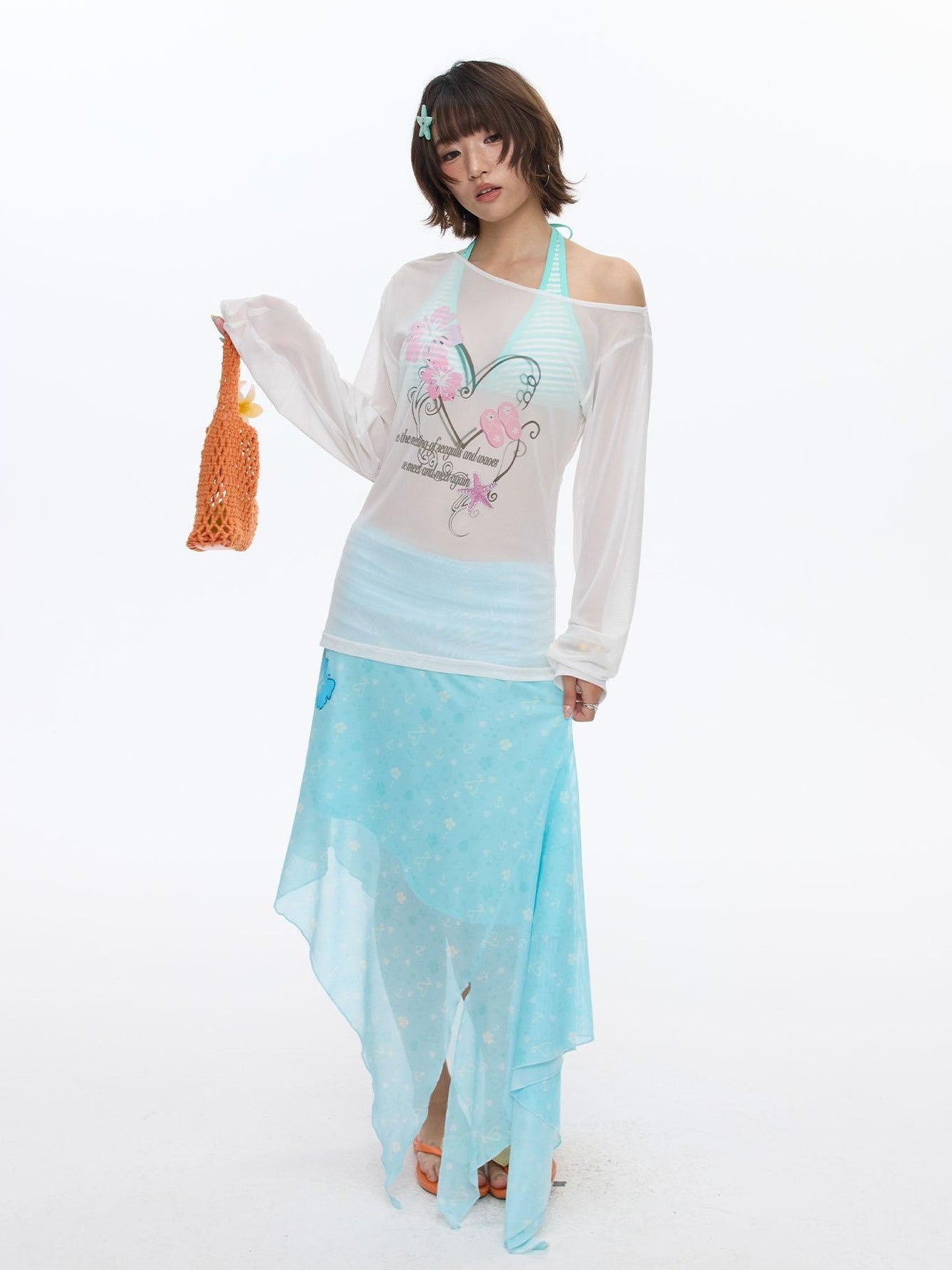 BETWEENAND Pink Wave Floral Asymmetric Printed Women&