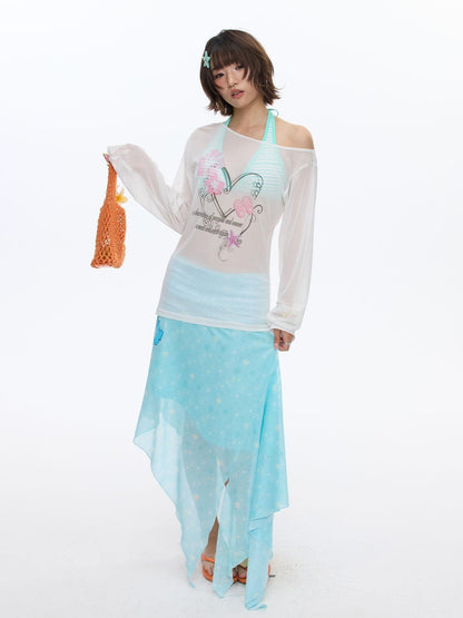 BETWEENAND Pink Wave Floral Asymmetric Printed Women&