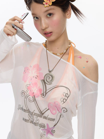 BETWEENAND Pink Wave Floral Asymmetric Printed Women&