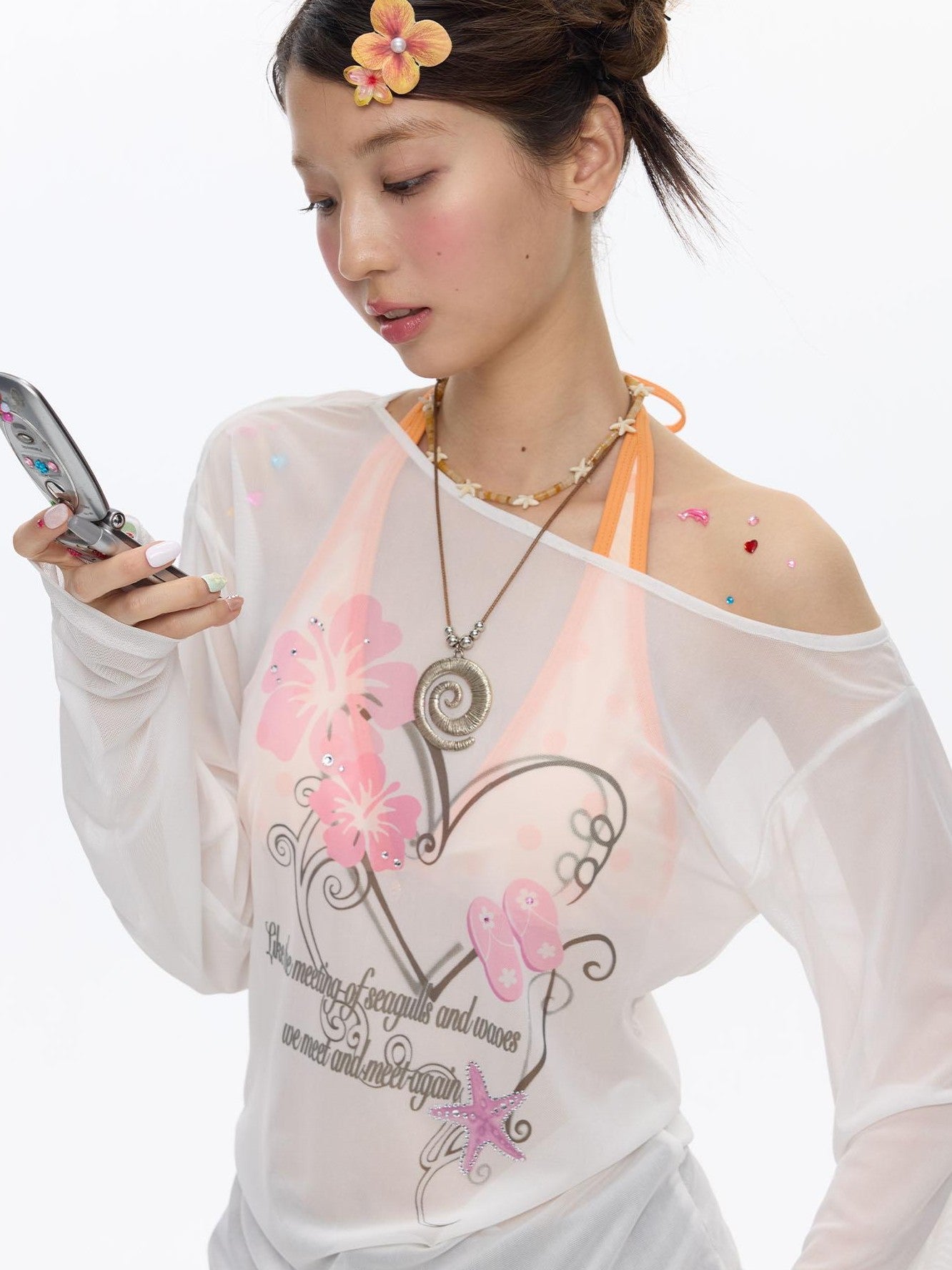 BETWEENAND Pink Wave Floral Asymmetric Printed Women&