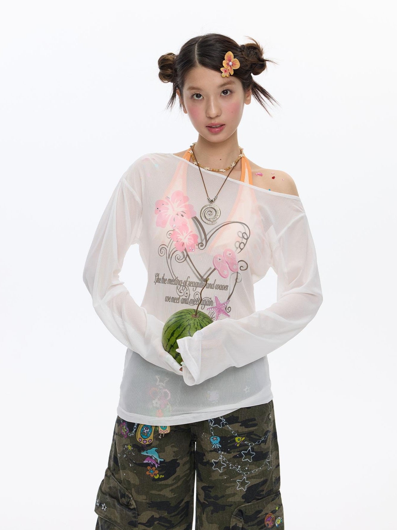 BETWEENAND Pink Wave Floral Asymmetric Printed Women&