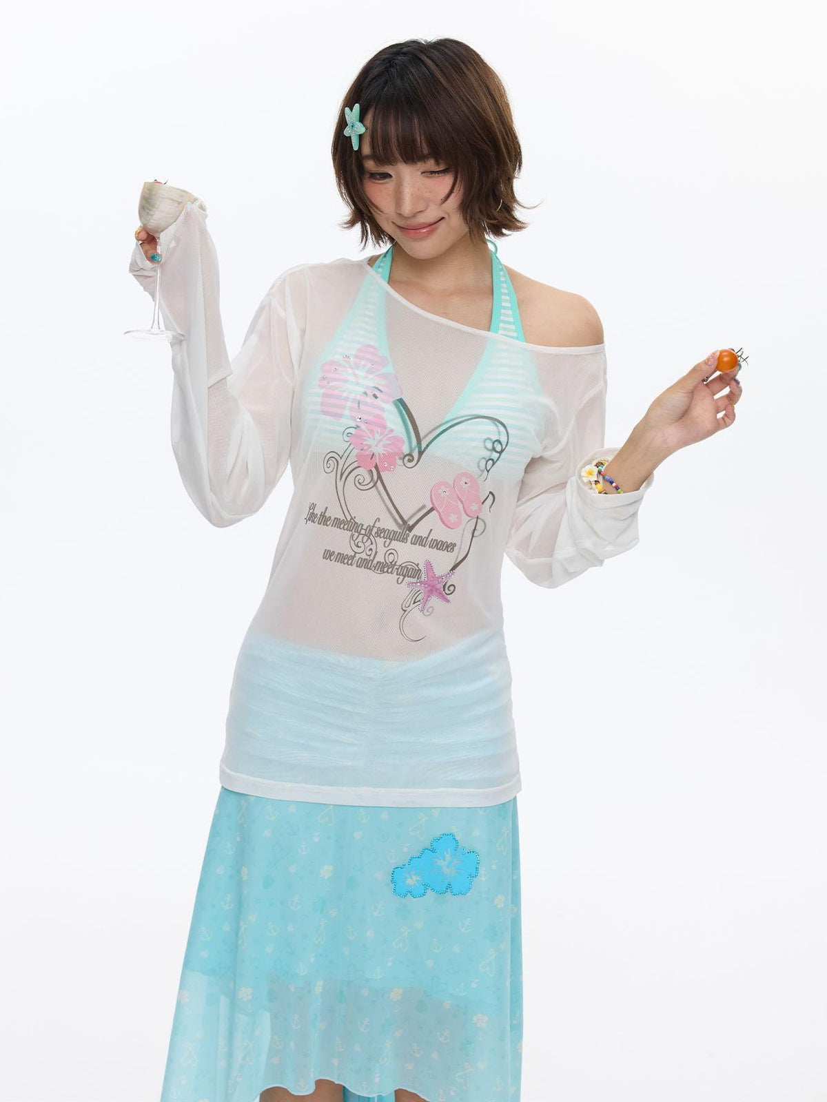 BETWEENAND Pink Wave Floral Asymmetric Printed Women&