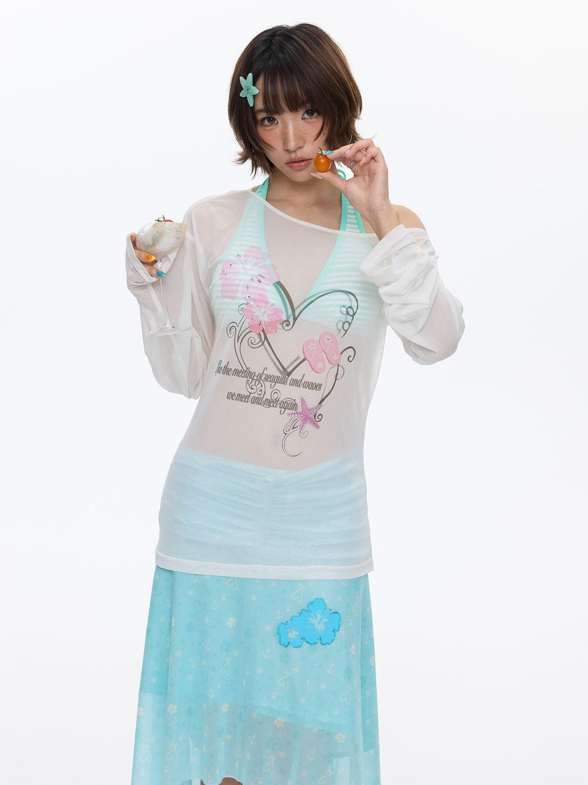 BETWEENAND Pink Wave Floral Asymmetric Printed Women&