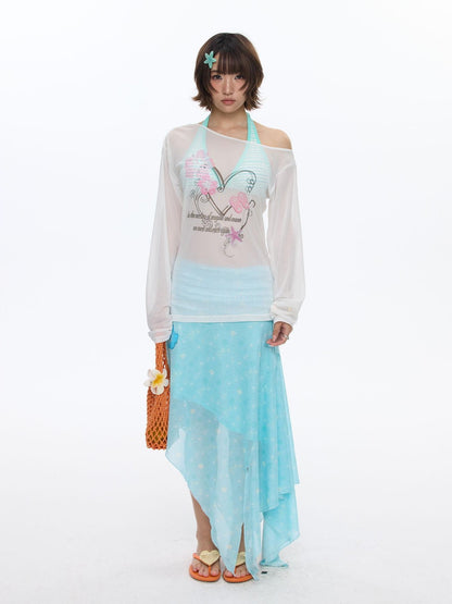 BETWEENAND Pink Wave Floral Asymmetric Printed Women&