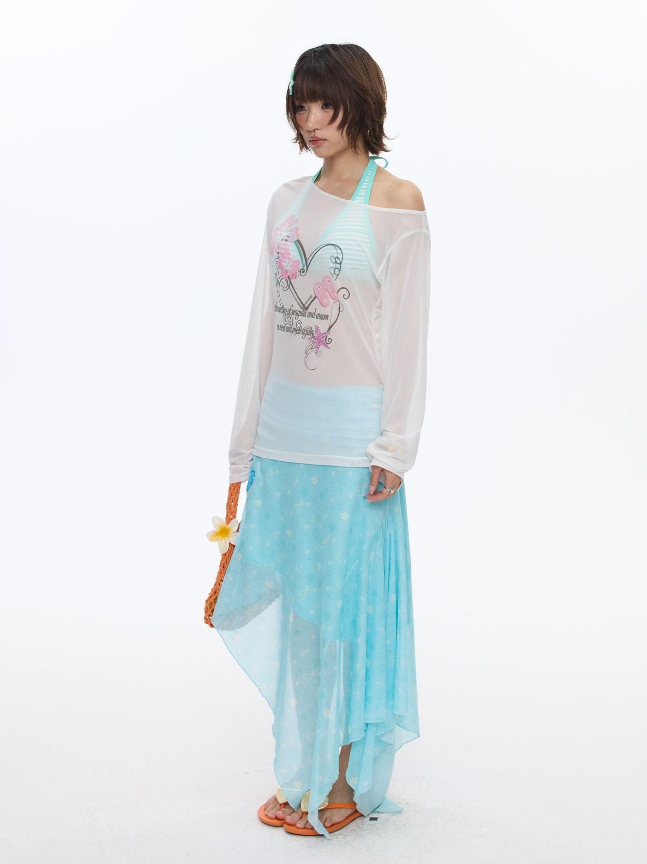 BETWEENAND Pink Wave Floral Asymmetric Printed Women&
