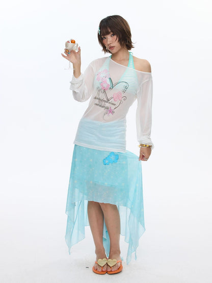 BETWEENAND Pink Wave Floral Asymmetric Printed Women&