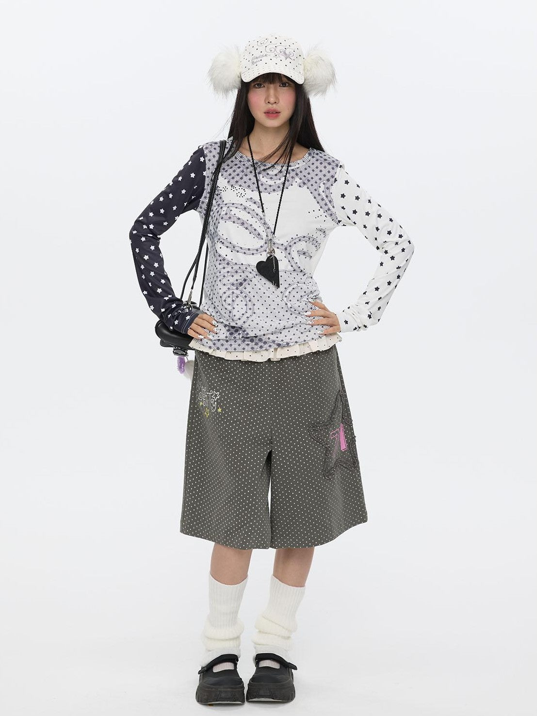 BETWEENAND Pixel Anime Polka Dot Patchwork Rhinestone Women&