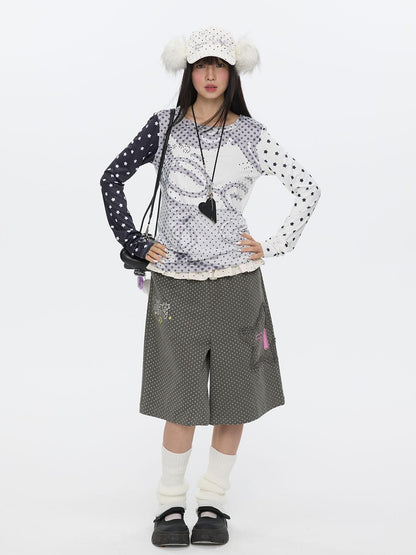BETWEENAND Pixel Anime Polka Dot Patchwork Rhinestone Women&