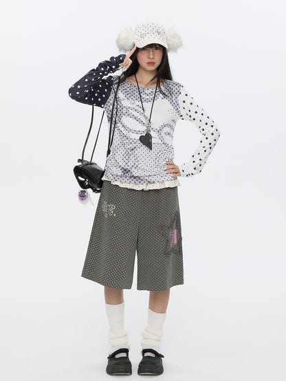 BETWEENAND Pixel Anime Polka Dot Patchwork Rhinestone Women&