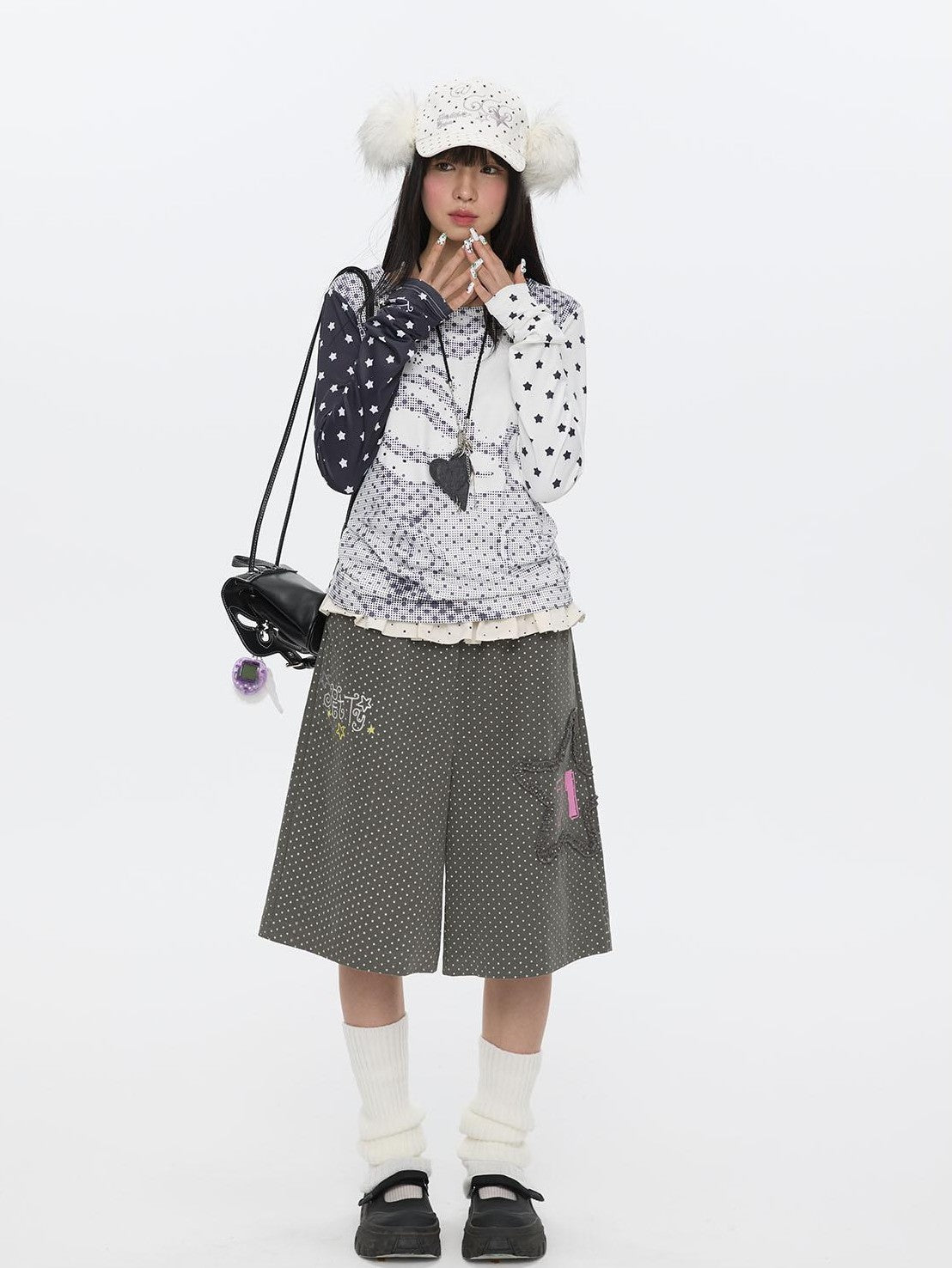 BETWEENAND Pixel Anime Polka Dot Patchwork Rhinestone Women&