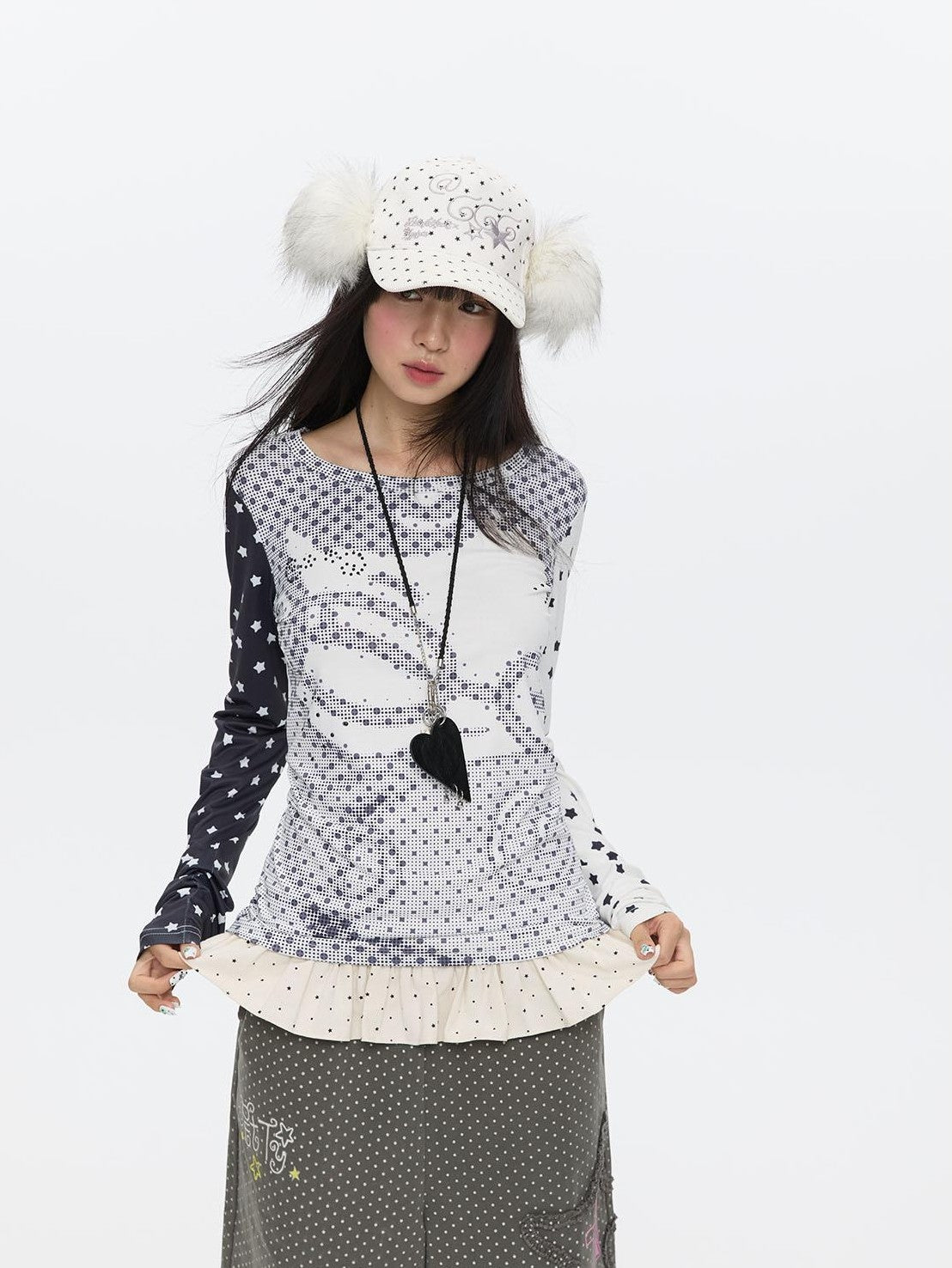 BETWEENAND Pixel Anime Polka Dot Patchwork Rhinestone Women&