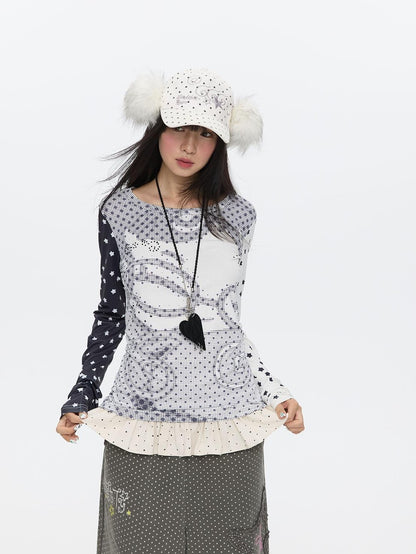BETWEENAND Pixel Anime Polka Dot Patchwork Rhinestone Women&