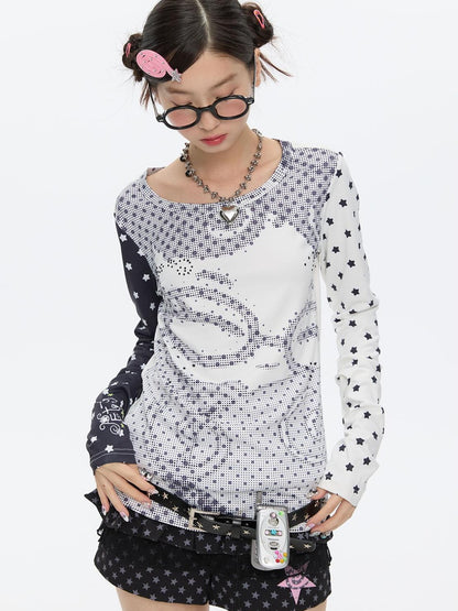BETWEENAND Pixel Anime Polka Dot Patchwork Rhinestone Women&