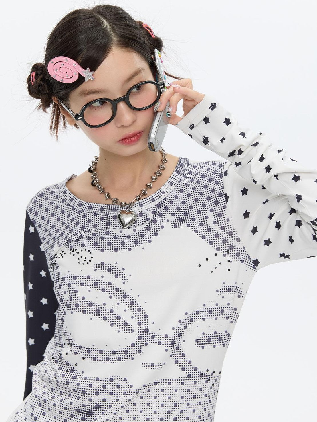 BETWEENAND Pixel Anime Polka Dot Patchwork Rhinestone Women&