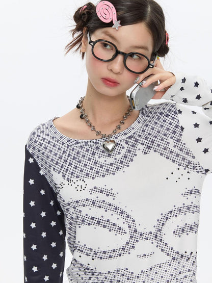 BETWEENAND Pixel Anime Polka Dot Patchwork Rhinestone Women&