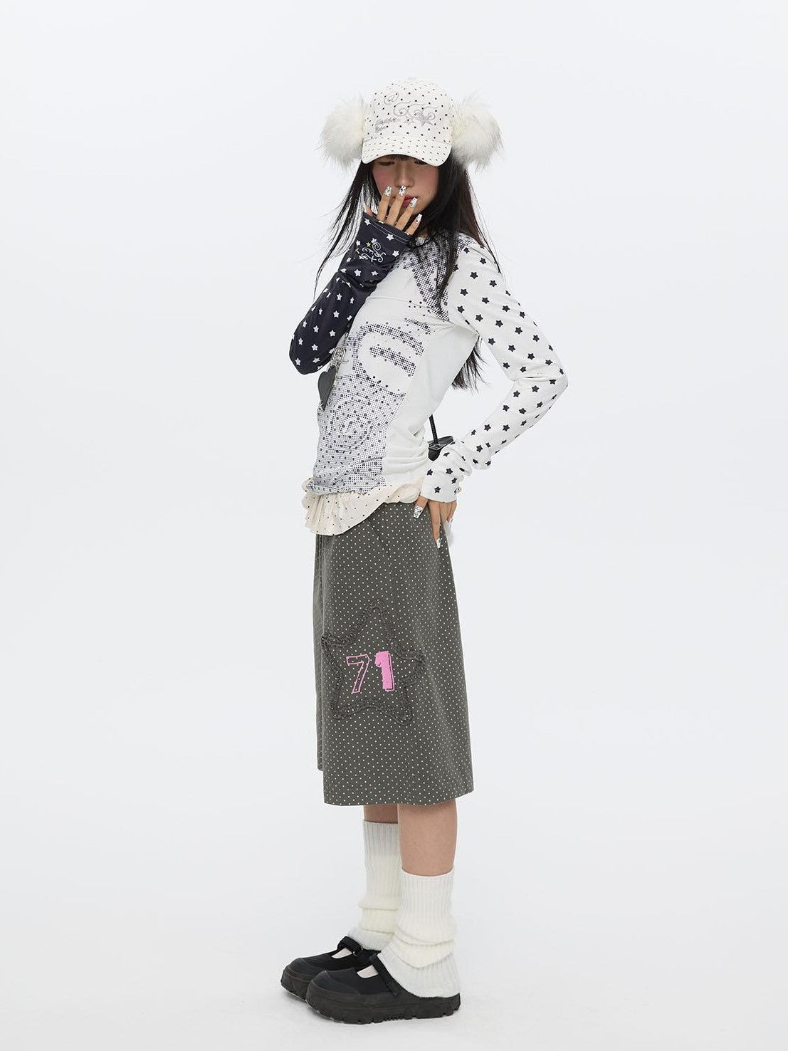BETWEENAND Pixel Anime Polka Dot Patchwork Rhinestone Women&