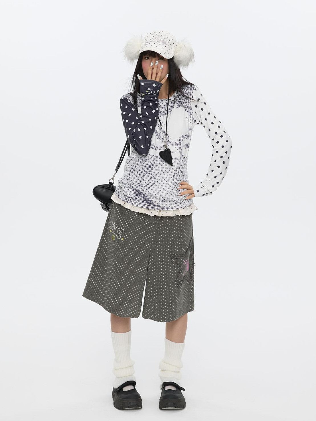 BETWEENAND Pixel Anime Polka Dot Patchwork Rhinestone Women&