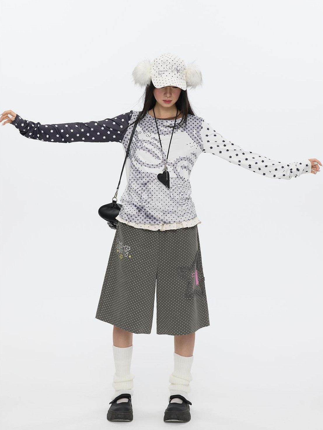 BETWEENAND Pixel Anime Polka Dot Patchwork Rhinestone Women&