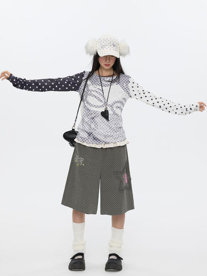 BETWEENAND Pixel Anime Polka Dot Patchwork Rhinestone Women&