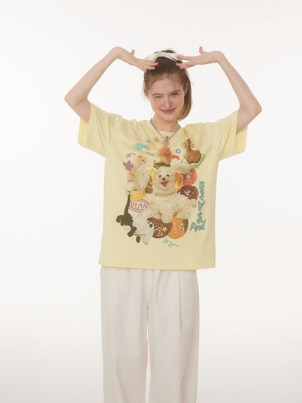 BETWEENAND Playful Cat Dog Print Creative Round Neck Women&