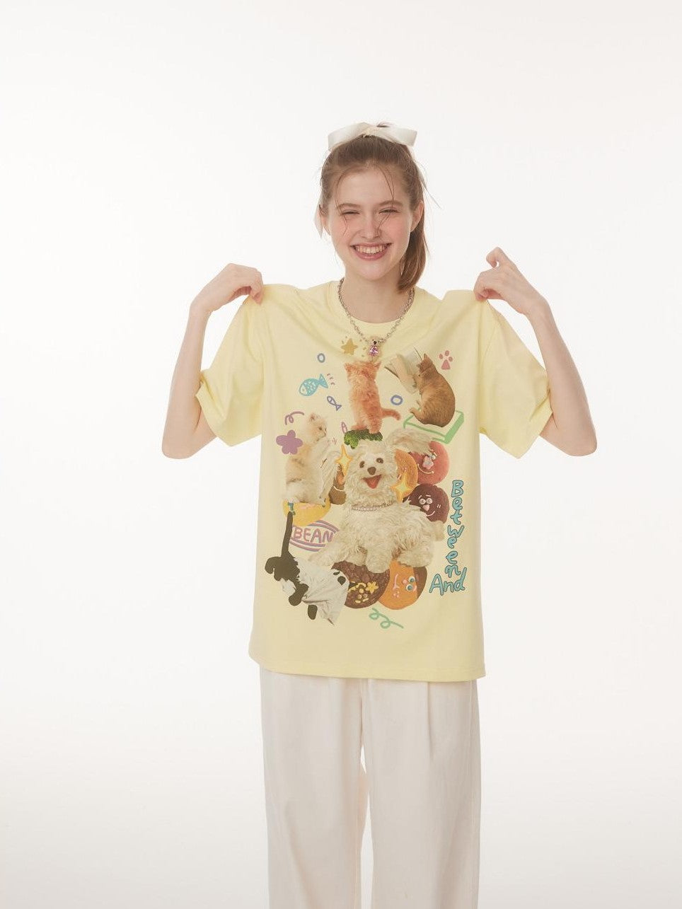 BETWEENAND Playful Cat Dog Print Creative Round Neck Women&