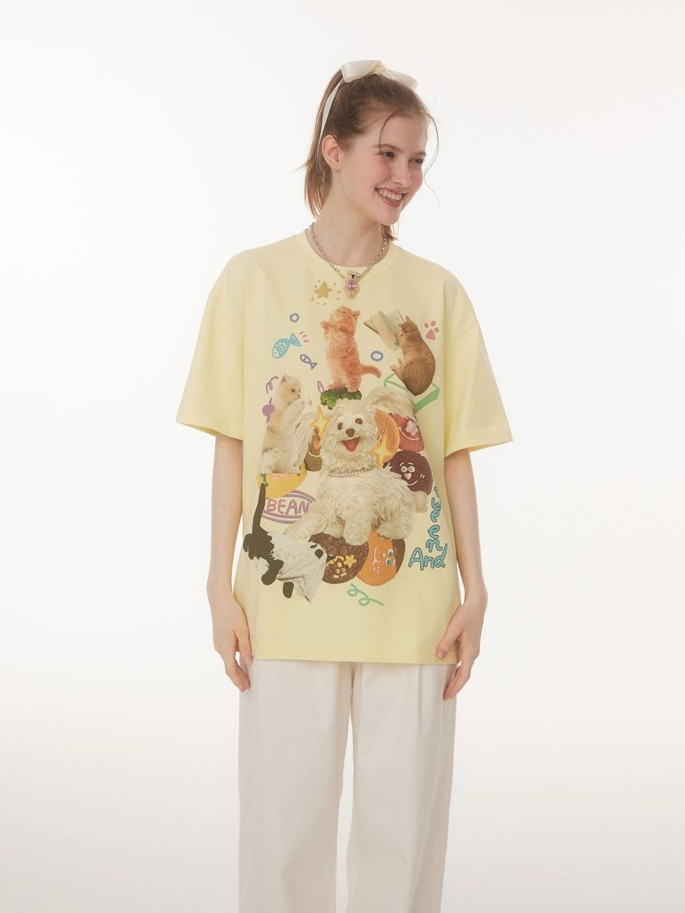 BETWEENAND Playful Cat Dog Print Creative Round Neck Women&