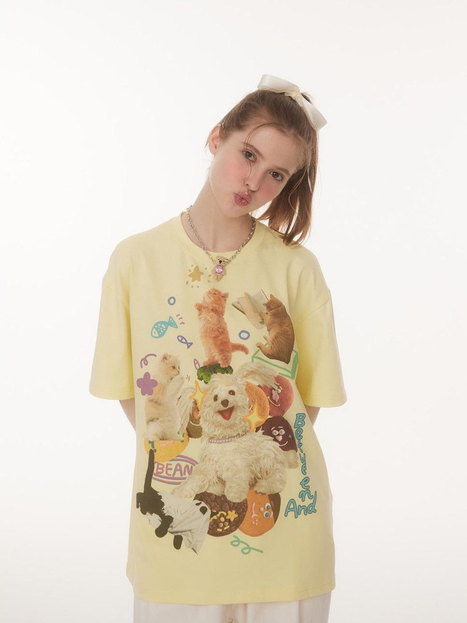 BETWEENAND Playful Cat Dog Print Creative Round Neck Women&