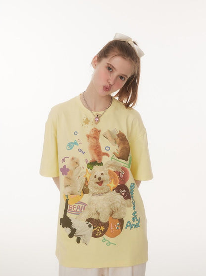 BETWEENAND Playful Cat Dog Print Creative Round Neck Women&