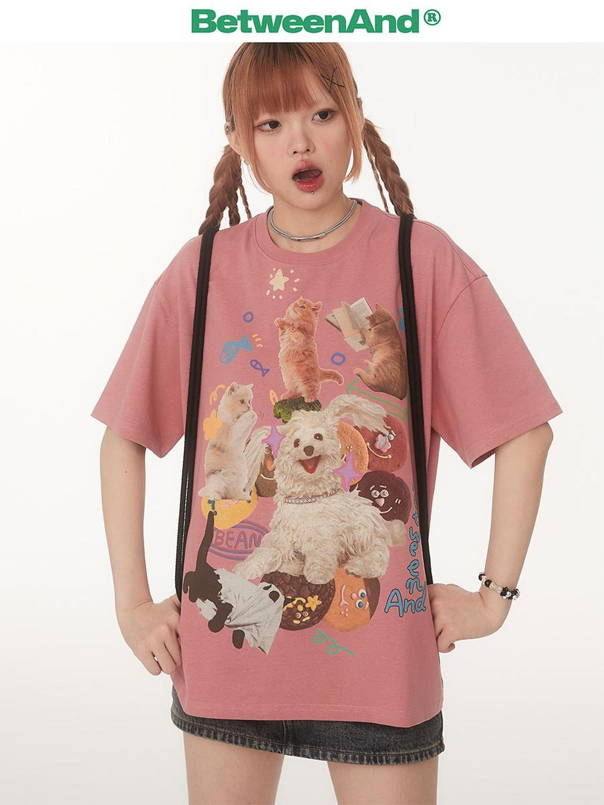 BETWEENAND Playful Cat Dog Print Creative Round Neck Women&