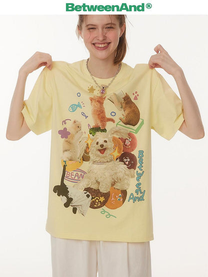 BETWEENAND Playful Cat Dog Print Creative Round Neck Women&