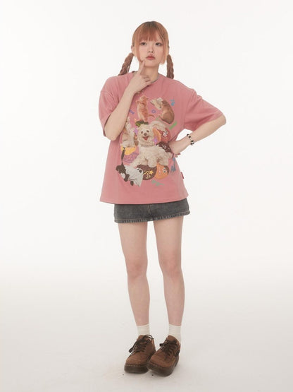 BETWEENAND Playful Cat Dog Print Creative Round Neck Women&