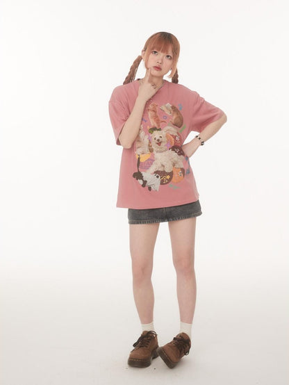 BETWEENAND Playful Cat Dog Print Creative Round Neck Women&