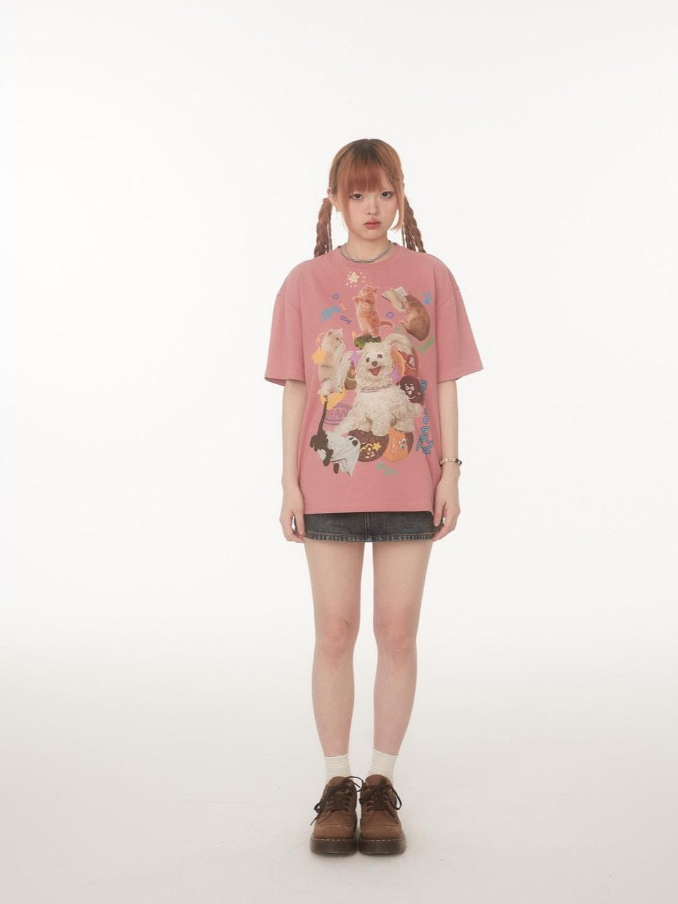 BETWEENAND Playful Cat Dog Print Creative Round Neck Women&