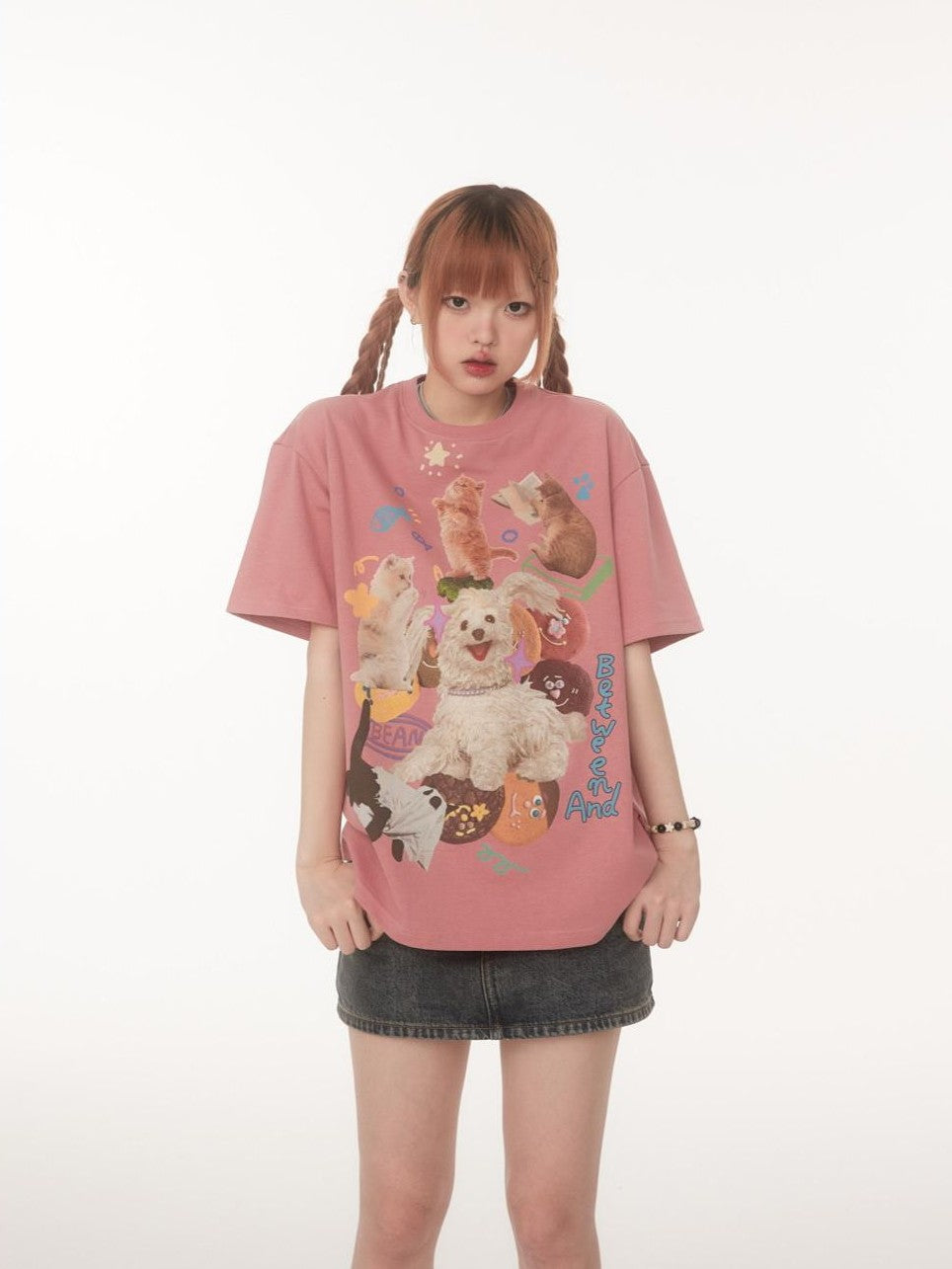 BETWEENAND Playful Cat Dog Print Creative Round Neck Women&