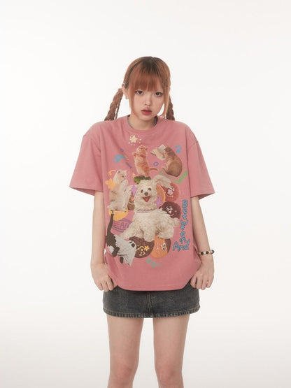 BETWEENAND Playful Cat Dog Print Creative Round Neck Women&