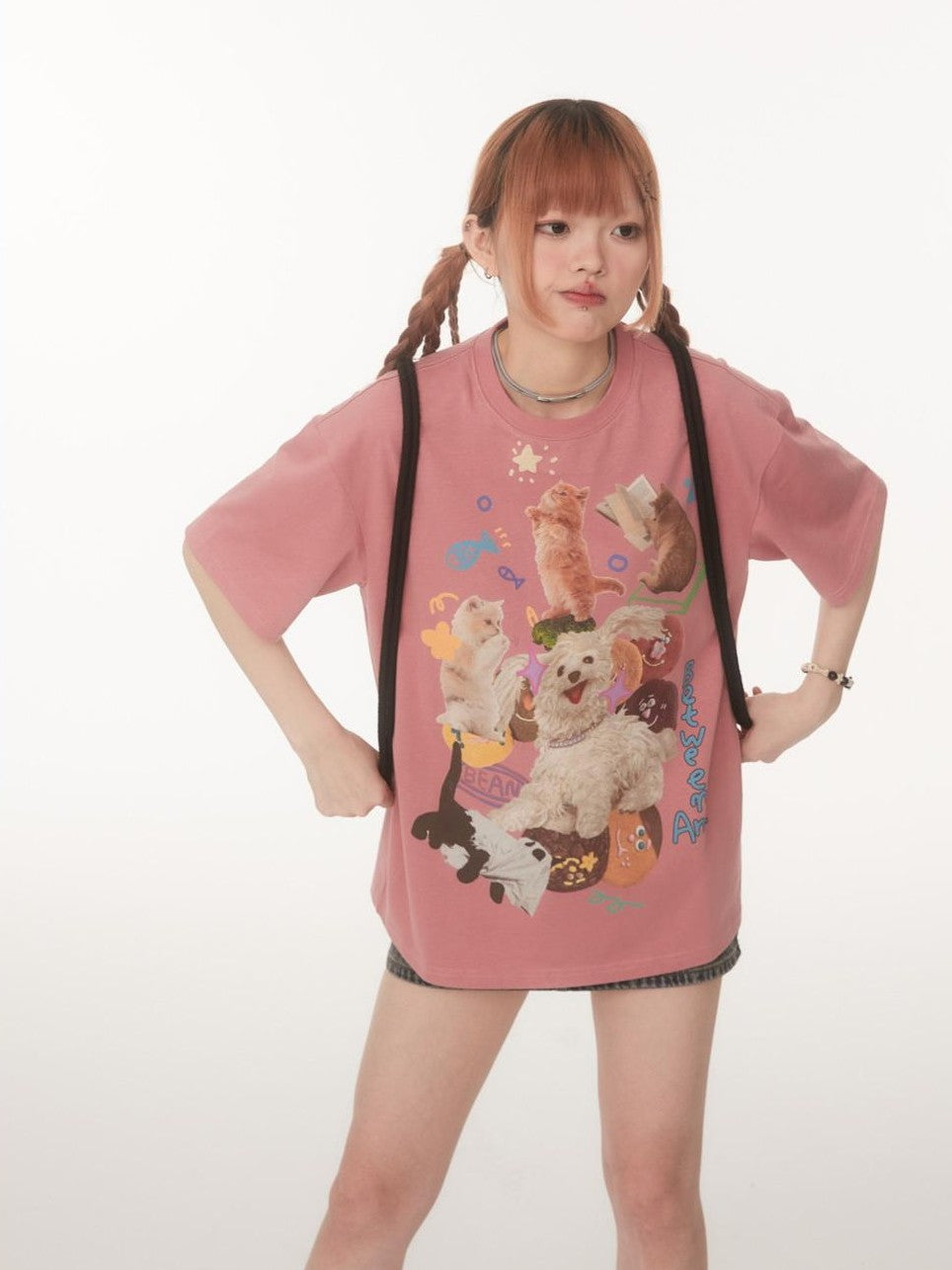 BETWEENAND Playful Cat Dog Print Creative Round Neck Women&