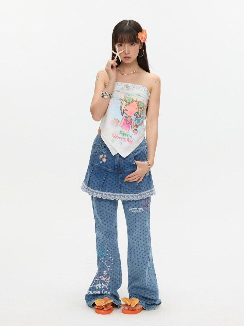 BETWEENAND Playful Illustration All Over Print Square Scarf Women&