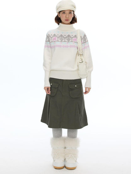 BETWEENAND Pleated Print Loose Fit A Line Women&