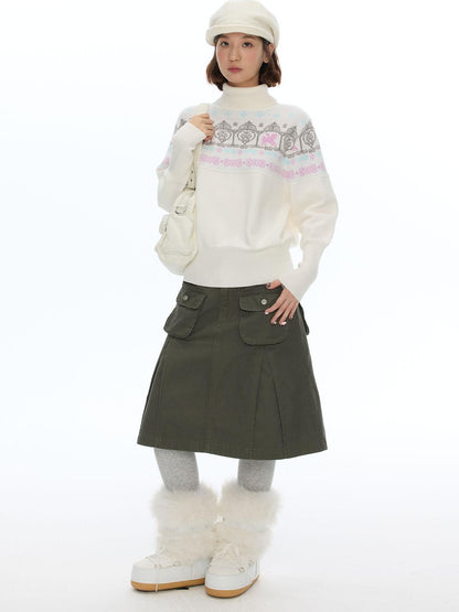 BETWEENAND Pleated Print Loose Fit A Line Women&