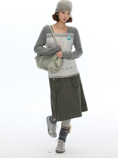 BETWEENAND Pleated Print Loose Fit A Line Women&