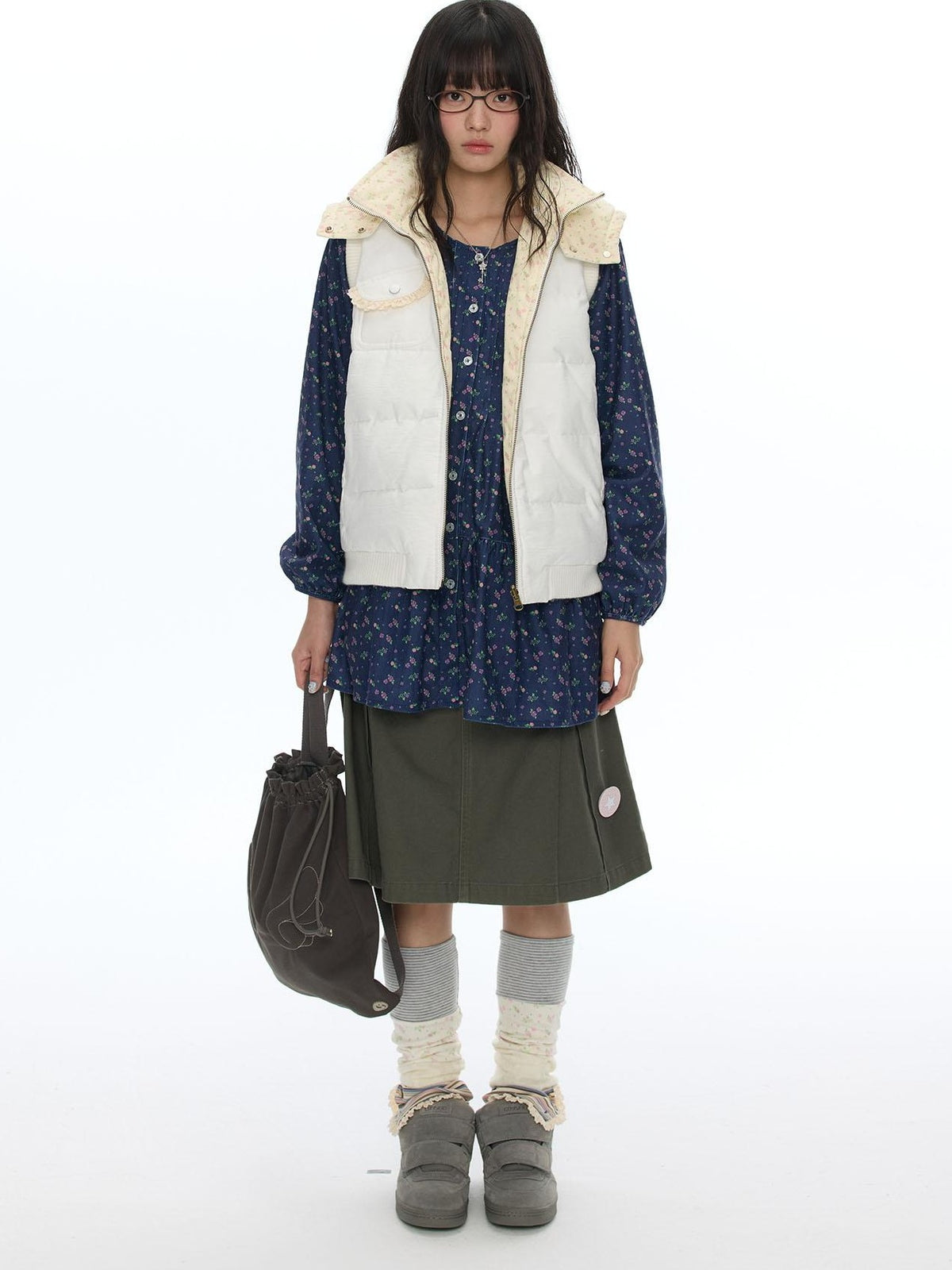 BETWEENAND Pleated Print Loose Fit A Line Women&