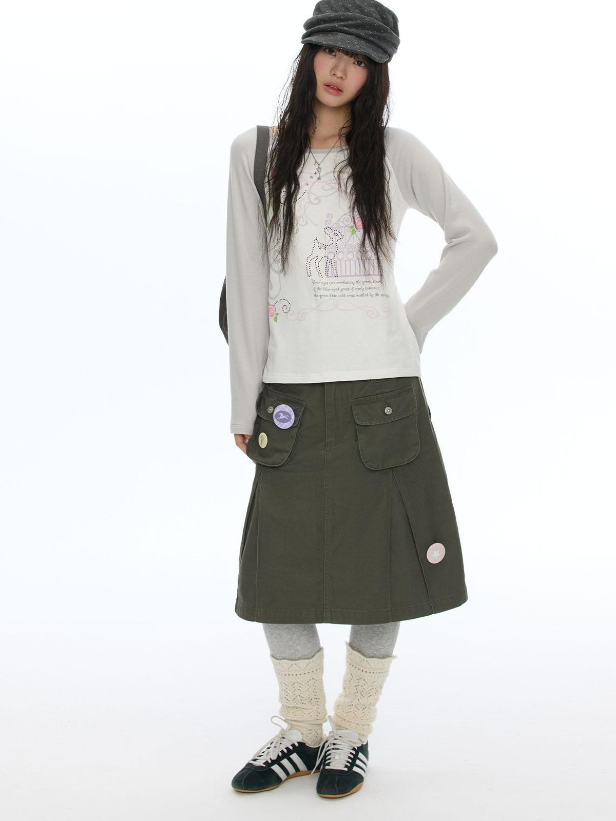 BETWEENAND Pleated Print Loose Fit A Line Women&
