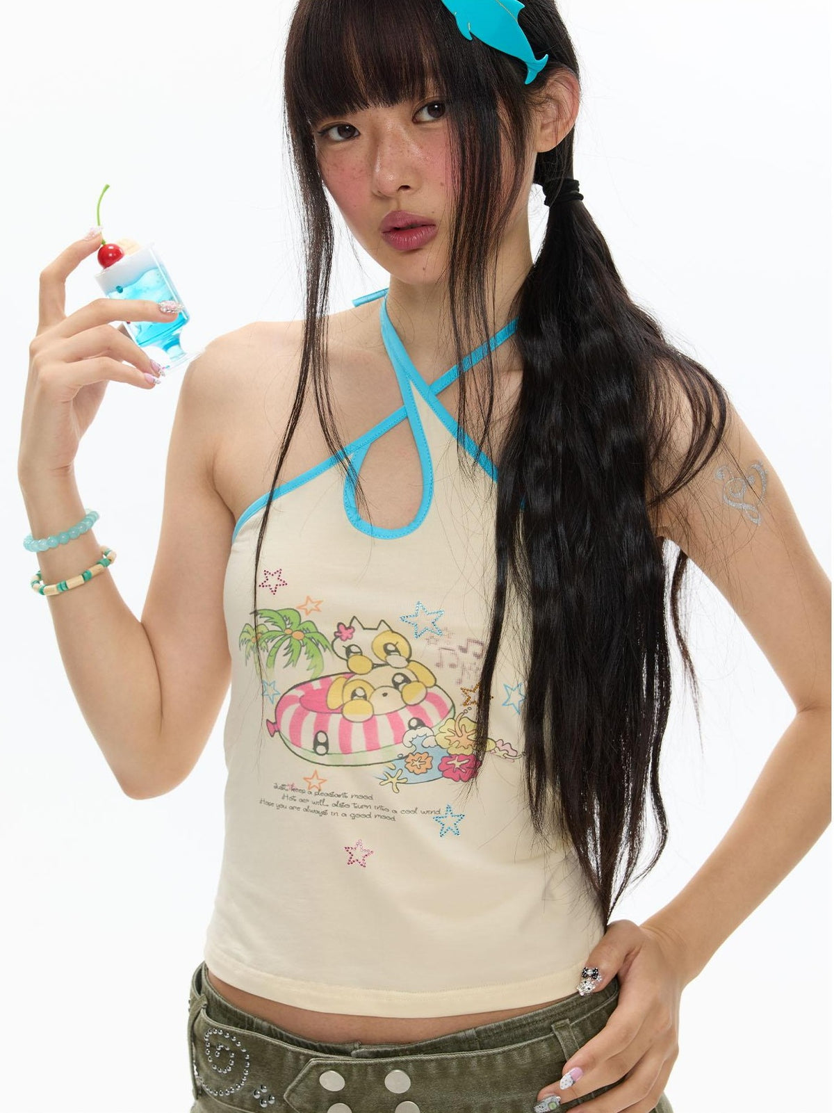 BETWEENAND Polka Dot Cross Tie Waterdrop Neck Chinese Style Women&