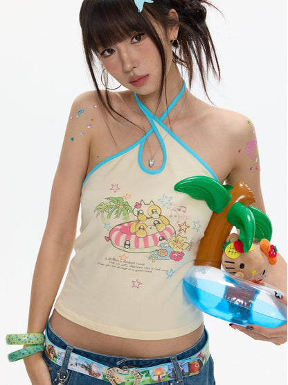 BETWEENAND Polka Dot Cross Tie Waterdrop Neck Chinese Style Women&