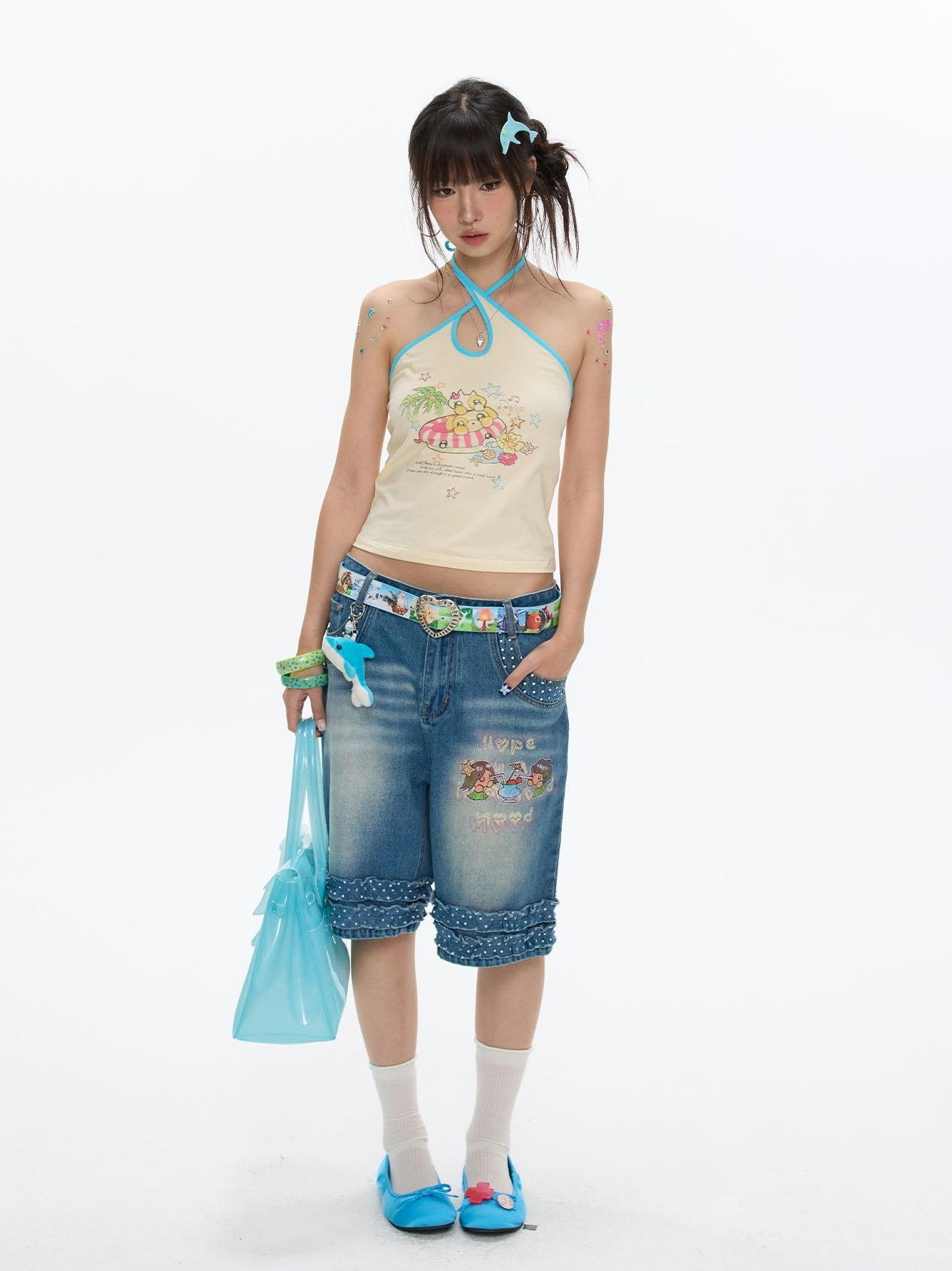 BETWEENAND Polka Dot Cross Tie Waterdrop Neck Chinese Style Women&