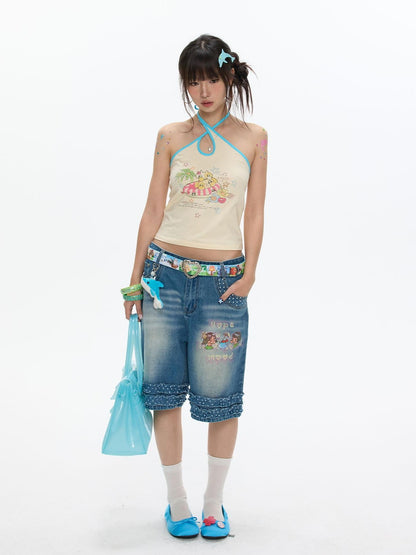 BETWEENAND Polka Dot Cross Tie Waterdrop Neck Chinese Style Women&