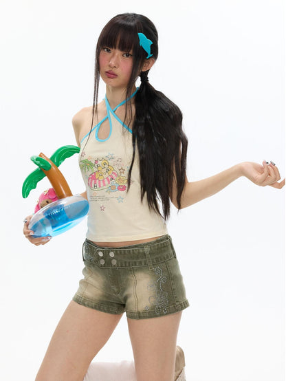 BETWEENAND Polka Dot Cross Tie Waterdrop Neck Chinese Style Women&