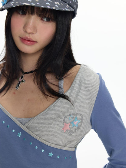 BETWEENAND Polka Dot Embroidered Asymmetric V-neck Women&