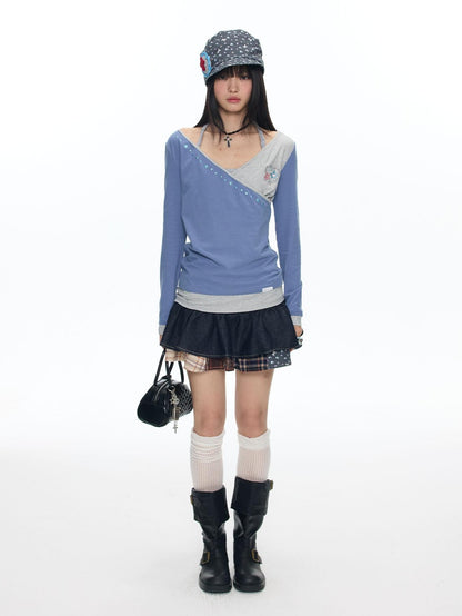 BETWEENAND Polka Dot Embroidered Asymmetric V-neck Women&